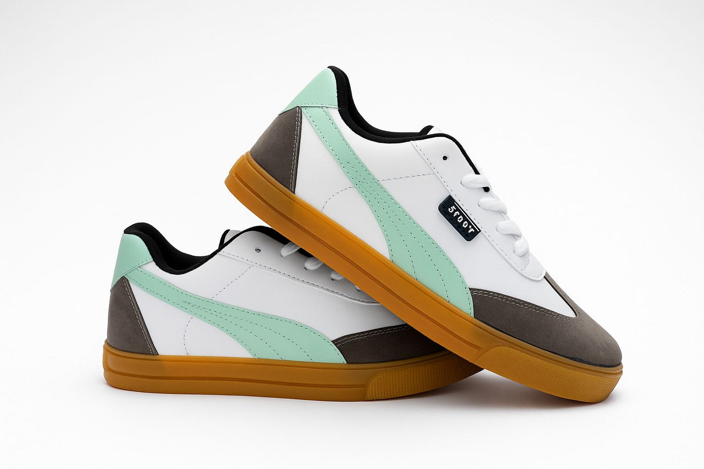 Men’s Casual Sports Sneakers – White, Grey & Mint with Gum Sole