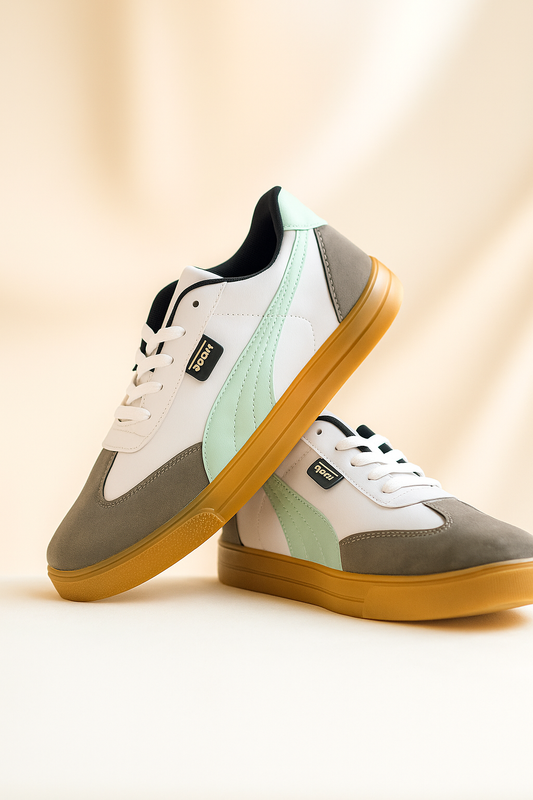 Men’s Casual Sports Sneakers – White, Grey & Mint with Gum Sole